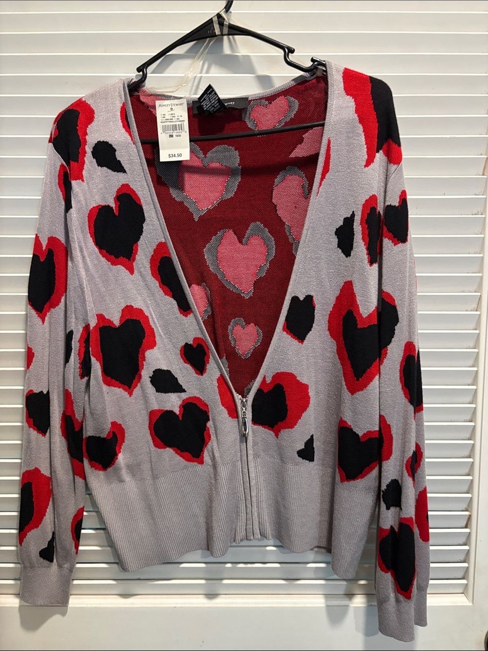 Ashley Stewart Light Gray Zip Cardigan with Red & Black Heart Print
